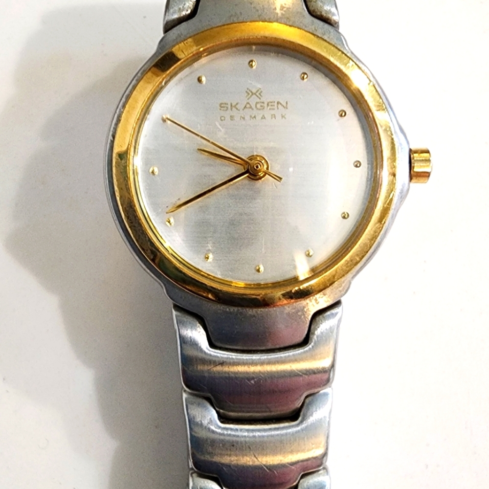 Vintage Skagen Denmark Women 160SGX Watch stainless w/gold & new battery!